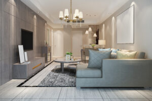 3d rendering loft luxury living room with shelf near dining table by square one construction