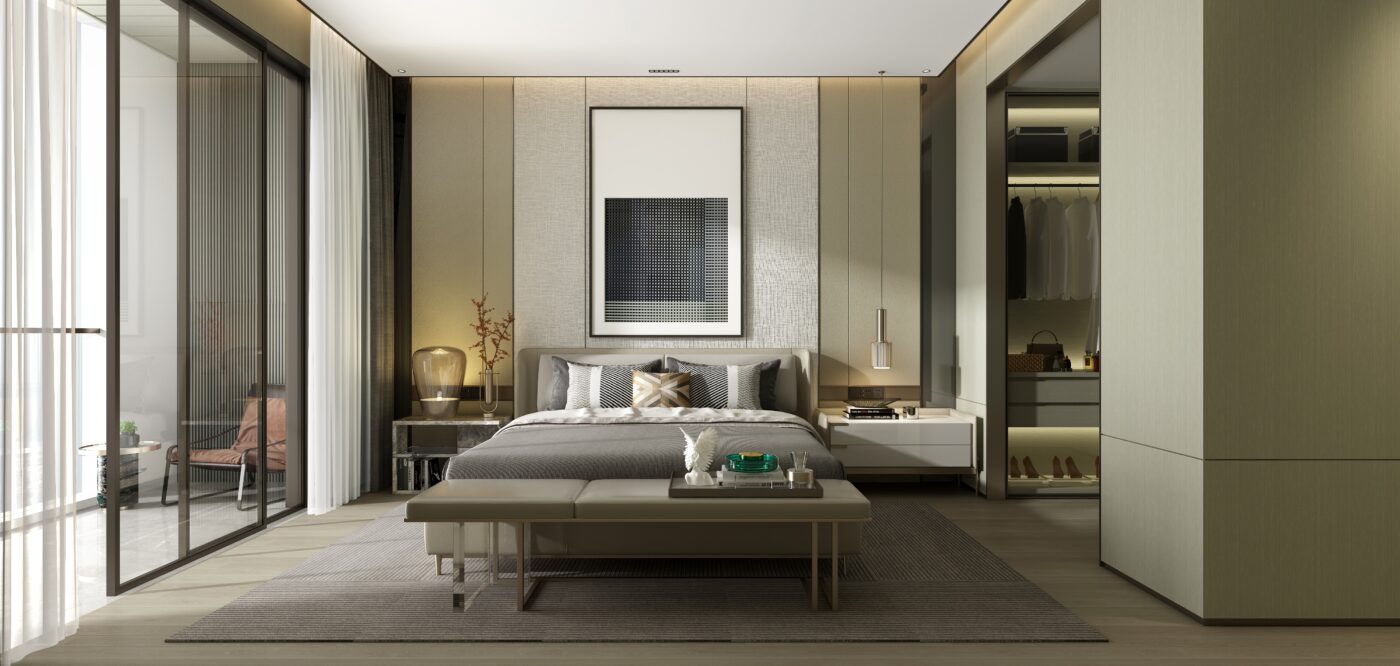 Grey bed in luxury bedroom by Square One Construction.