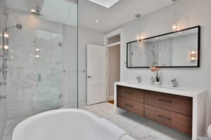 Luxury bathroom renovation by Square One Construction.